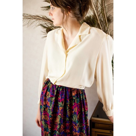 Vintage 80s Autumn Fall Cottagecore Floral Cream Secretary Midi Dress, M… - Picture 3 of 10